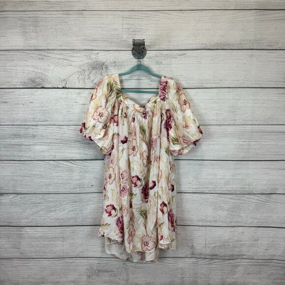 H&M Plus Size Cream & Pink Floral Square Neck Puff Sleeve Mini Dress Size 3XL - Picture 1 of 6
